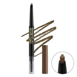L.A Girl Brow Bestie Auto Brow Pencil with a visible triangular tip, spoolie brush, and a brown pigment swatch on a white background.