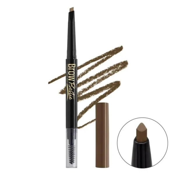 L.A Girl Brow Bestie Auto Brow Pencil with a visible triangular tip, spoolie brush, and a brown pigment swatch on a white background.
