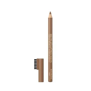Bourjois Brow Reveal Precision Eyebrow Pencil in 002 Soft Brown featuring a micro-tip and a built-in spoolie brush.