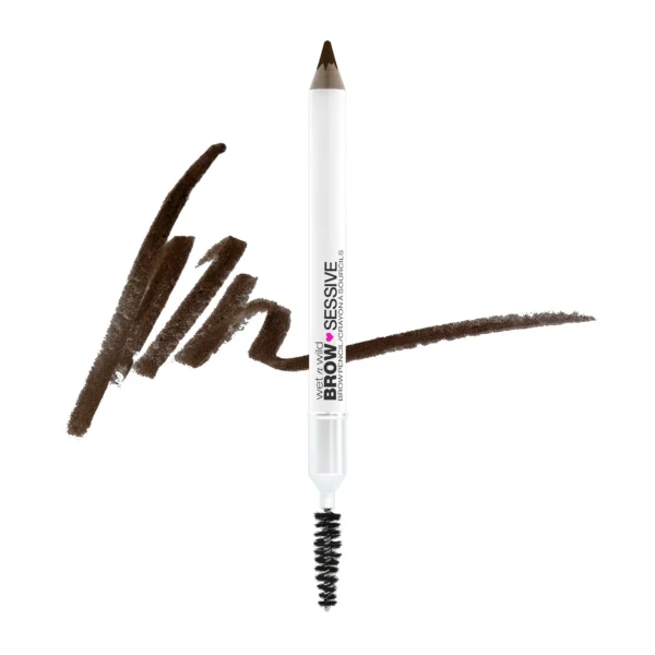 Wet n Wild Brow-Sessive dual-ended eyebrow pencil with a built-in spoolie brush and a brown pigment swatch against a white background.
