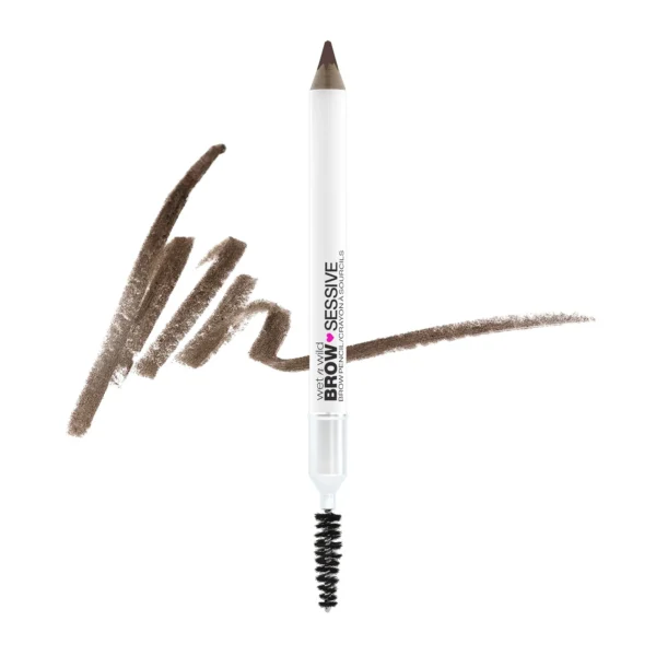 Wet n Wild Brow-Sessive dual-ended eyebrow pencil with a built-in spoolie brush and a brown pigment swatch against a white background.