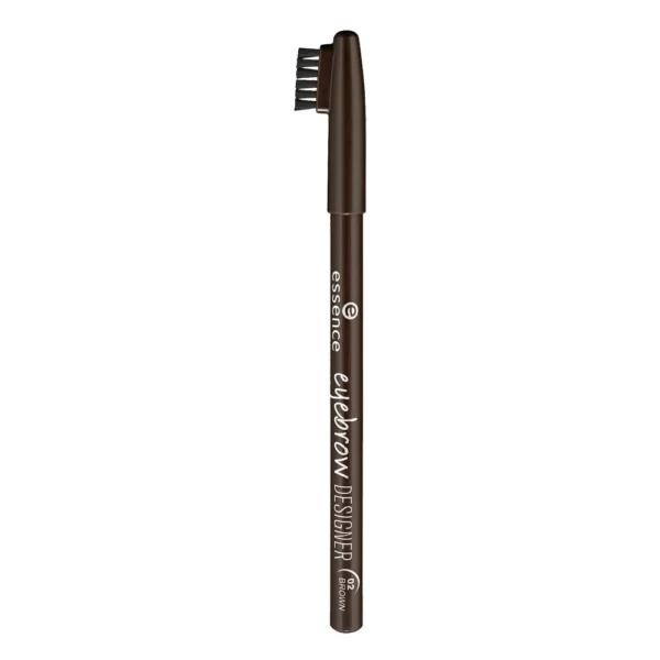 Essence Eyebrow Designer Pencil in shade 02 Brown featuring a built-in brush cap for brow grooming and makeup application.