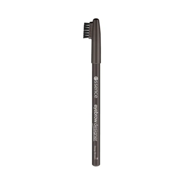 Essence Eyebrow Designer Pencil in shade 02 Brown featuring a built-in brush cap for brow grooming and makeup application.
