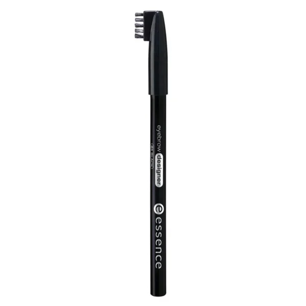 Essence Eyebrow Designer Pencil in shade Black featuring a built-in brush cap for brow grooming and makeup application.