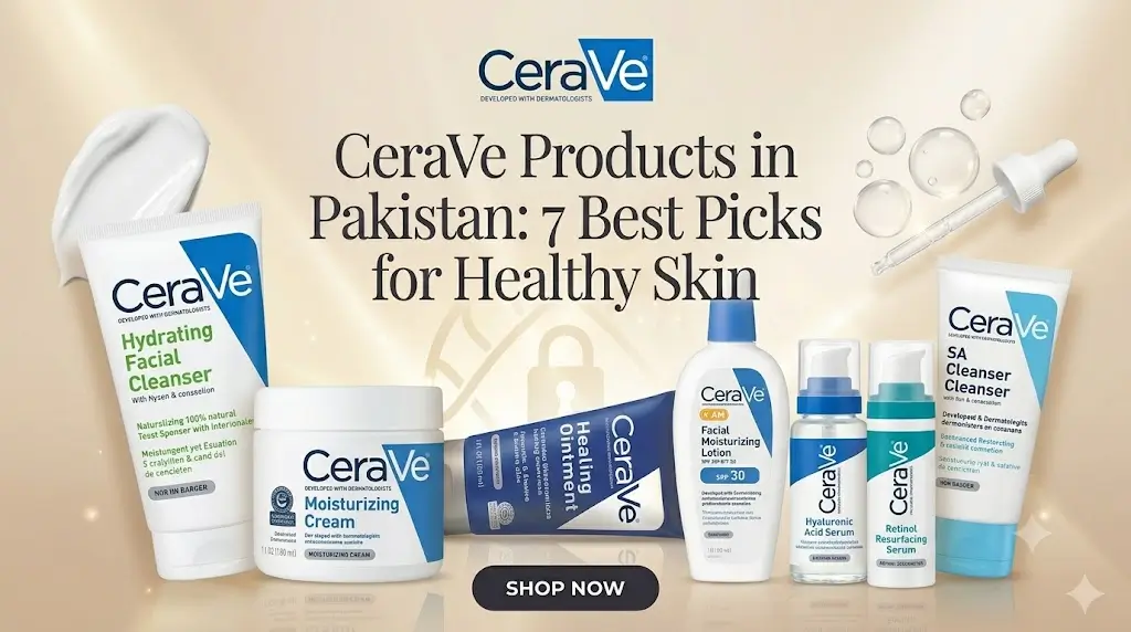 Authentic CeraVe foaming facial cleanser and daily moisturizing lotion on a bathroom vanity
